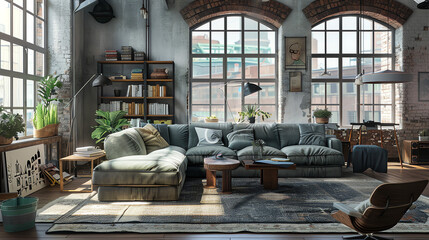  living room with a large window, a brown leather armchair, a dark green sofa, and a wooden coffee table