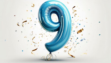 Blue birthday / anniversary balloon, number 9, white background with confetti