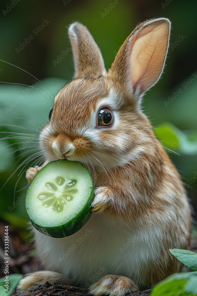 Poster a rabbit savoring a piece of fresh cucumber, with soft fur and delicate nibbles adding to the peacef