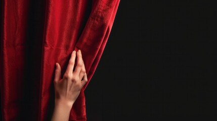 Background with red velvet curtain and hand. black background and copy space