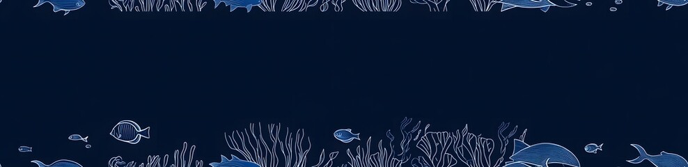 Fototapeta premium dark blue background with simple line art of various fish and sea creatures