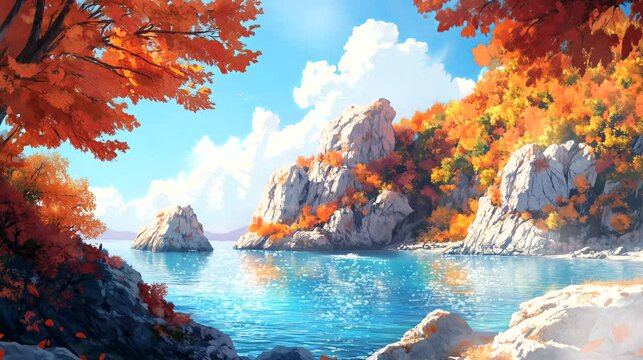 A secluded cove surrounded by cliffs covered in vibrant autumn leaves. Autumn concept, anime illustration style, looping 4k video animation background