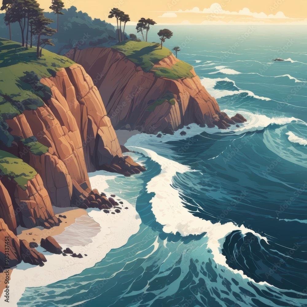 Wall mural coastal landscape with a rocky cliffside, green trees, and a turbulent sea with waves crashing again