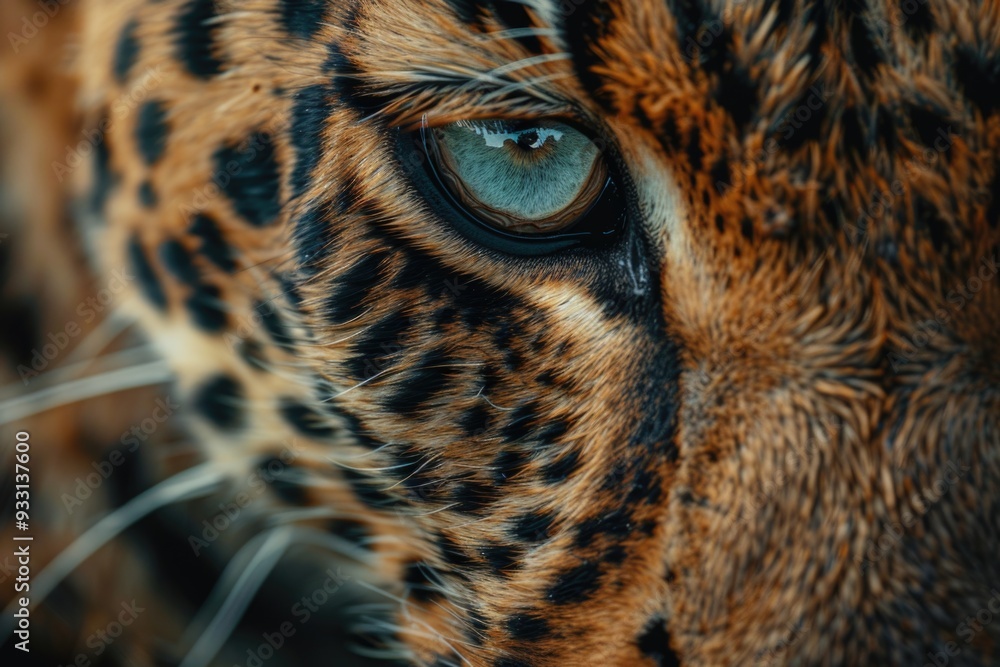 Poster a detailed view of a leopard's eye with distinctive markings and colors