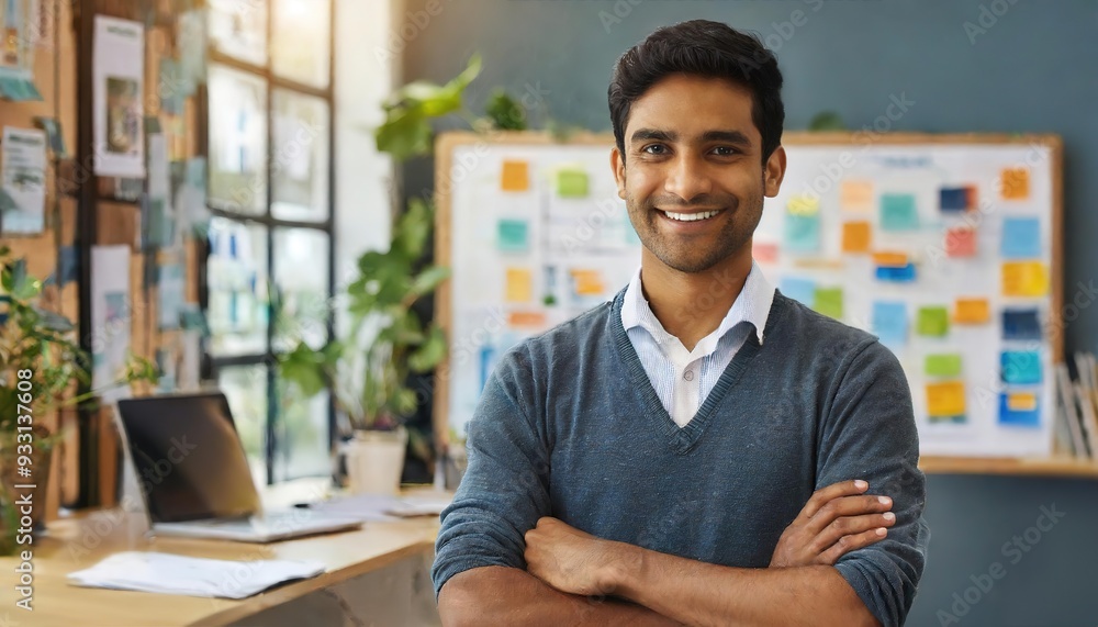 Wall mural A young professional smiling confidently in a modern workspace with a creative board in the background.