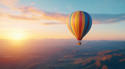 Fototapeta premium An amazing hot air balloon trip over breathtaking scenery with hues of dawn or sunset