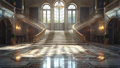 Obraz premium Elegant Lobby with Grand Double Staircase, Decorative Railings, Ornate Tiled Flooring, Luxurious Atmosphere