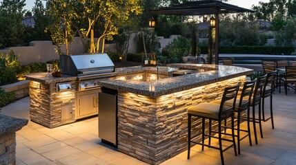 A large outdoor kitchen with a grill and a bar