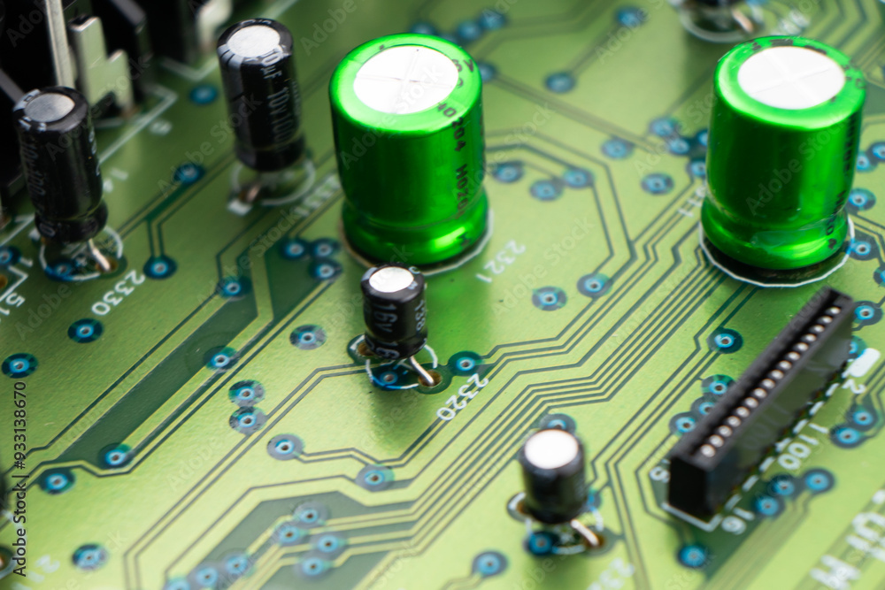 Poster circuit board with resistors microchips and electronic components background. computer hardware tech