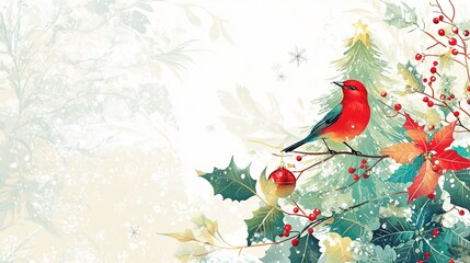 Holiday Cards with Christmas Tree, Birds, Ornaments, and Ornate Floral Frames
