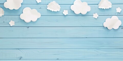 blue wood wall and clouds paper art on top background