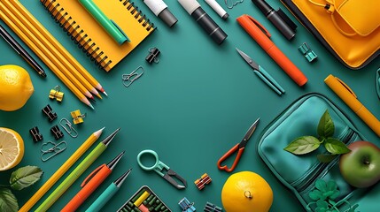 A top-down view of assorted stationery items like markers, sticky notes, scissors, and paper clips, creatively arranged on a clean white surface,