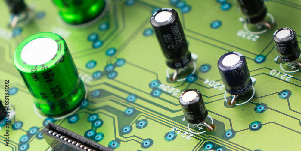 Poster circuit board with resistors microchips and electronic components background. computer hardware tech