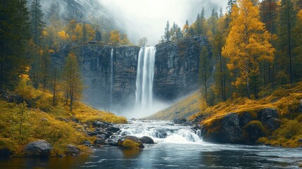 Majestic Waterfall in Autumn Forest