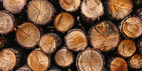 Fototapeta premium round pine trees log stack storage pile in forest wood industry close up