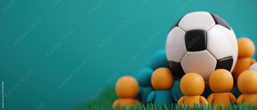 Poster dynamic cartoon soccer match with animated players and energetic fans - selective focus with copy sp