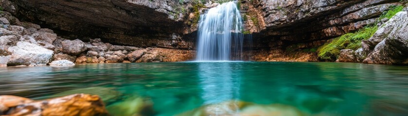 Fototapeta premium Serene waterfall cascading into a clear blue pool, surrounded by lush greenery and rocky cliffs, creating a picturesque natural scene.