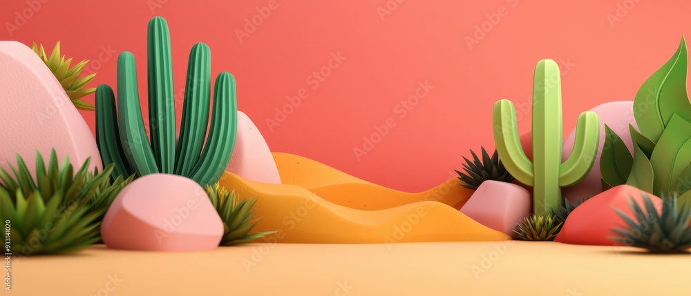 Poster exploring a whimsical desert oasis - colorful cartoon journey with copy space for text