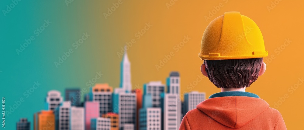 Poster urban adventure - cartoon character exploring vibrant cityscape in animated with copy space for text