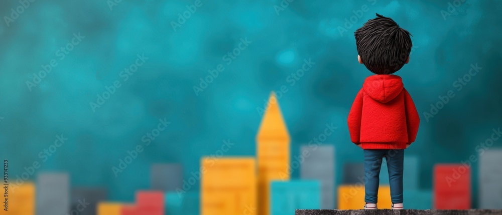 Poster cartoon character adventuring through animated city | vibrant with selective focus for text space