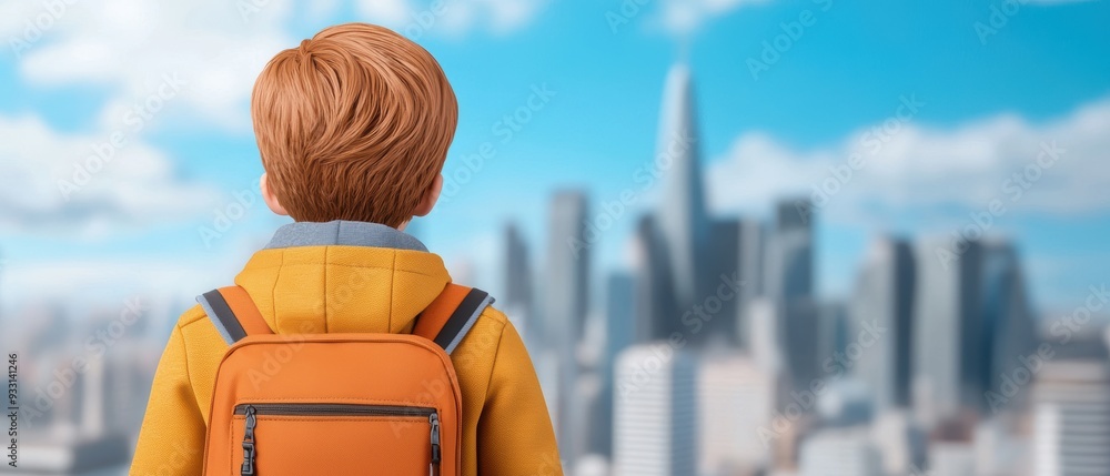 Poster cartoon character adventuring through a colorful cityscape - with vibrant landmarks and copy space f