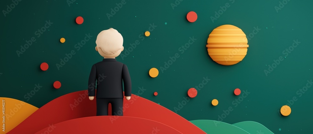 Poster journey of a cartoon character through a vibrant animated world - with copy space for text