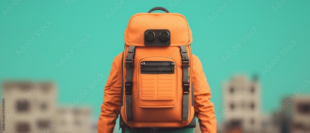 Poster exploring vibrant cultures - cartoon backpacker in animated settings with selective focus and copy s