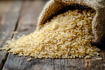 Brown rice spilling from a burlap sack on a wooden table.