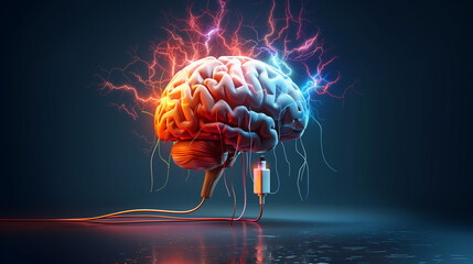 A human brain with dynamic glowing electric currents cables and neuron connections on dark blue background. Dopamine fasting mental health digital detox concept