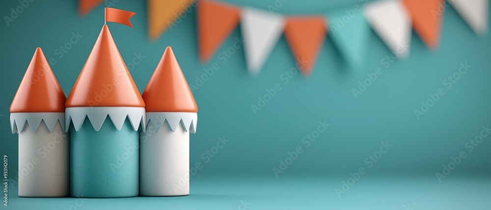 Poster enchanting cartoon castle with vibrant turrets and animated flags in splashed with grunge dust copy 