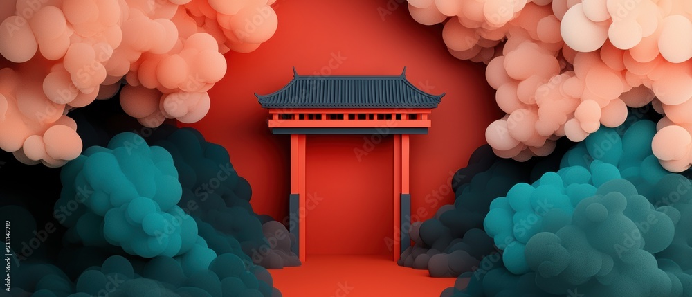 Poster tranquil cartoon temple in colorful serene setting - selective focus with copy space for text