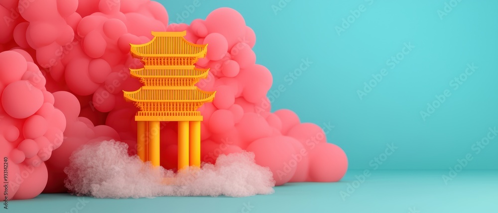 Poster Enchanting Cartoon Temple in Colorful Serenity - Selective Focus with Copy Space for Text