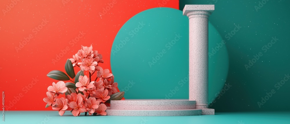 Poster enchanting cartoon temple in serene setting with colorful grunge splash - with copy space