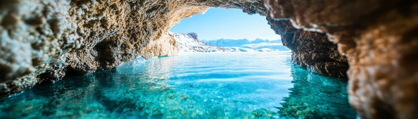 Breathtaking view of a tranquil cave by the sea, featuring clear turquoise waters and stunning rocky formations.