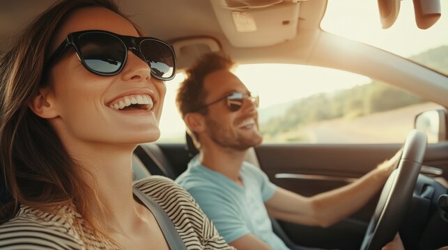 Happy Couple on a Road Trip, Enjoying the Open Road and Beautiful Scenery, Smiling with the Wind in Their Hair