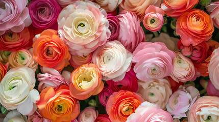 close-up of a bunch of colorful ranunculus flowers