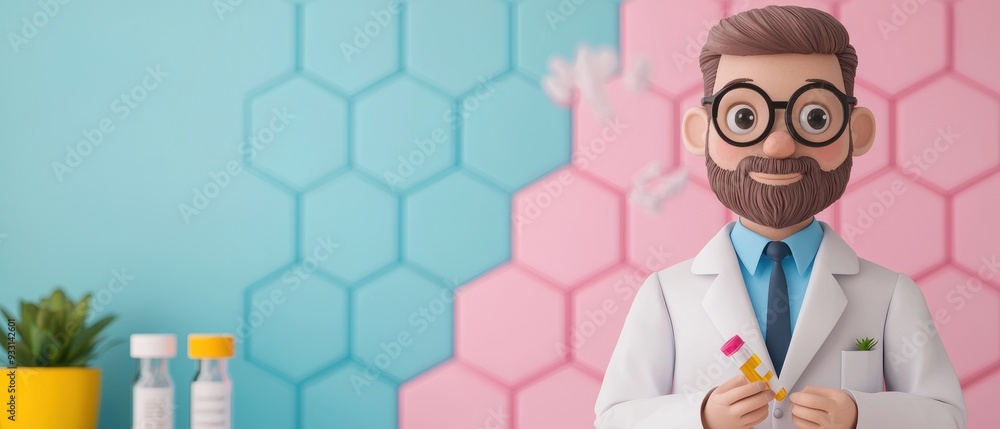 Poster mad scientist creates vibrant technology in colorful lab - with copy space for text