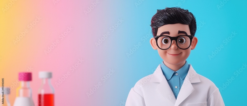 Poster innovative cartoon scientist creating colorful technology in lab - with copy space for text