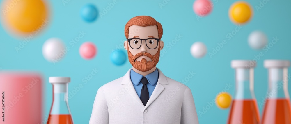Poster futuristic cartoon scientist inventing colorful technology in lab - with copy space for text