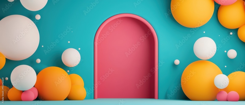 Poster enchanting cartoon scene with colorful portals to other dimensions - selective focus on foreground, 