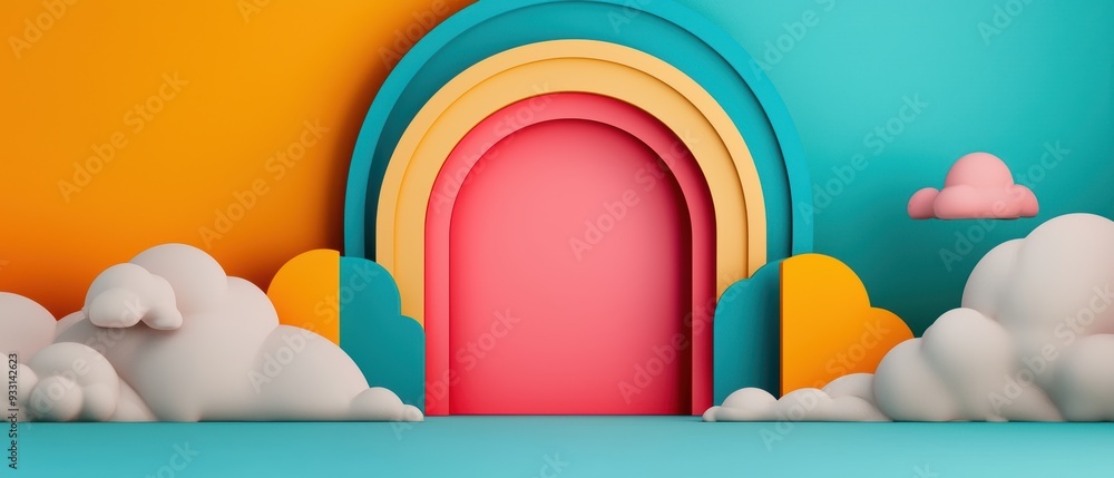 Poster whimsical cartoon scene with colorful portals to other dimensions - vibrant fantasy with copy space 