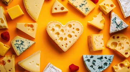Heart Shaped Cheese, Various Cheeses, Yellow Background, Flat Lay, Food Photography, Cheese Lovers.