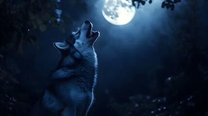 Siberian Husky Werewolf Transformation A Siberian Husky with a werewolf costume howling at a full moon in a dark spooky forest filled with ominous shadows and eerie atmosphere