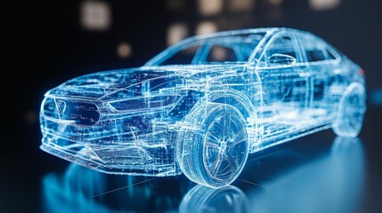 Naklejka premium Futuristic car model in holographic design, showcasing innovative technology and sleek lines in a modern digital environment.