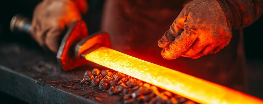 Craftsman shaping a glowing sword blade, showcasing the intricate process of metallurgy and blacksmithing in action.