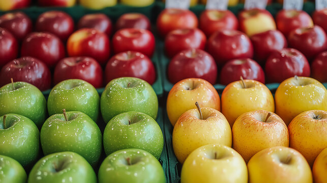 A vibrant display of different apple varieties at a farmer's market