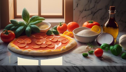 Close-up of ingredients for a gourmet pizza on a marble countertop.