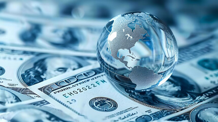 Close-up of a glass globe standing on a pile of money. World finance, investments. Concept of business, growth.