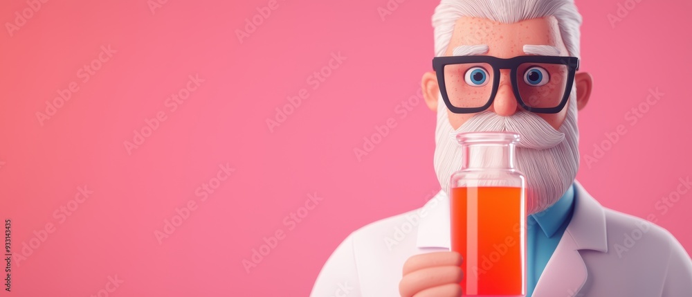 Poster enchanting cartoon alchemist crafting colorful elixirs in animated lab - with copy space for text