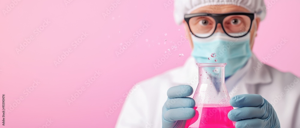 Poster animated alchemist creating vibrant elixirs in lab - grunge splash dust effect with copy space for t